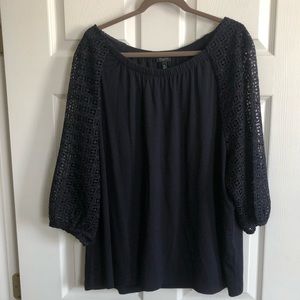Talbots- Navy Top with Embroidered Sleeves- 3x